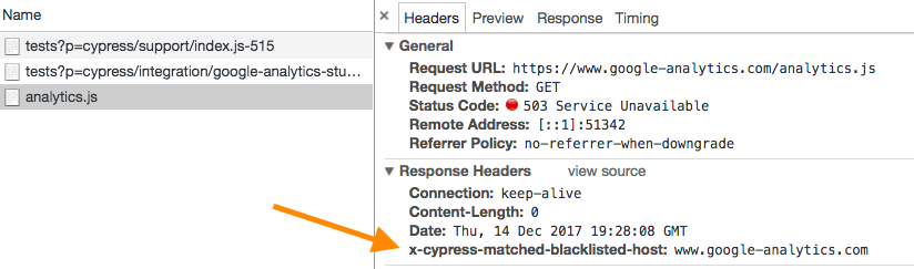 Network tab of dev tools with analytics.js request selected and the response header highlighted 