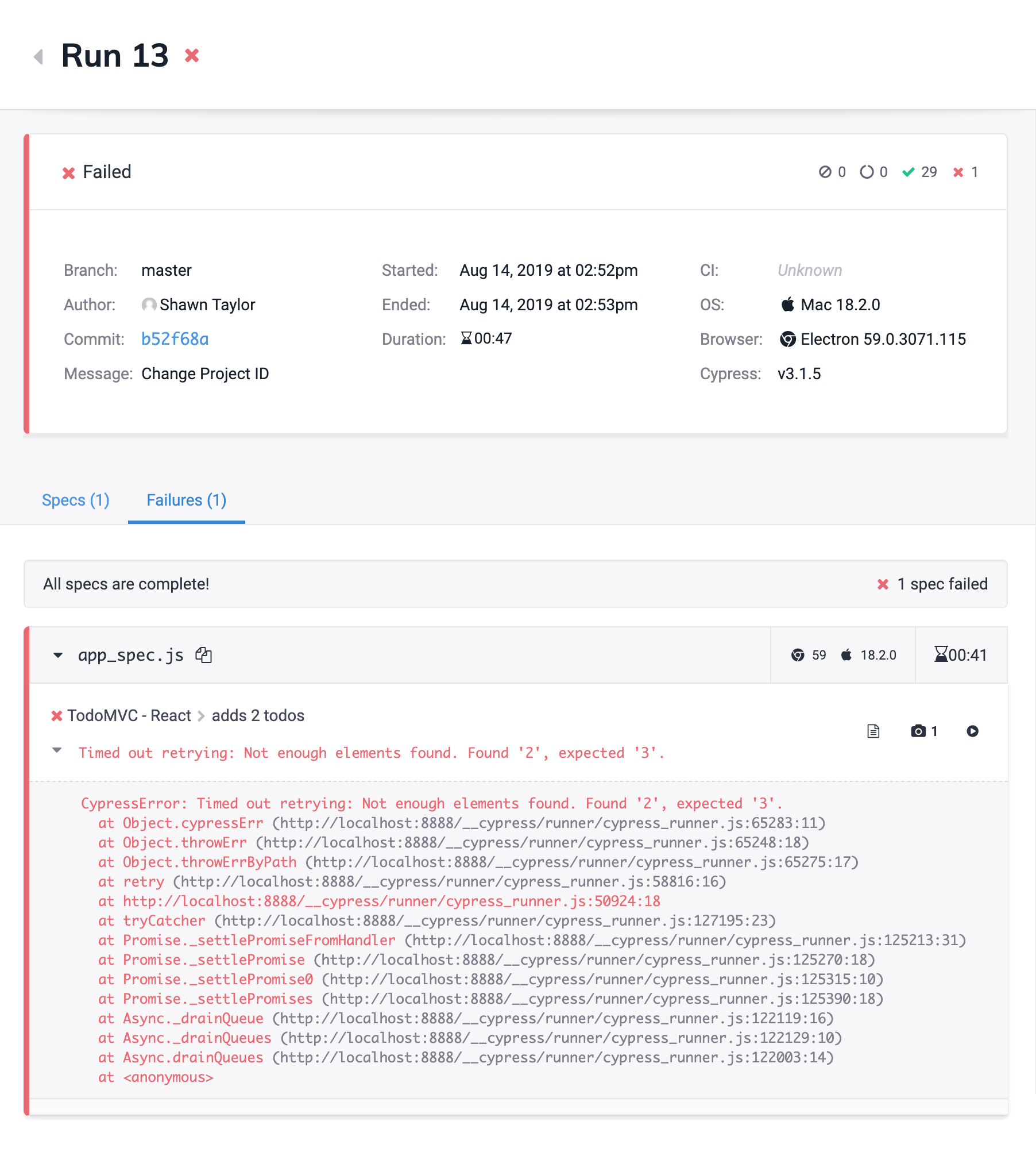 Cypress Cloud failure tab